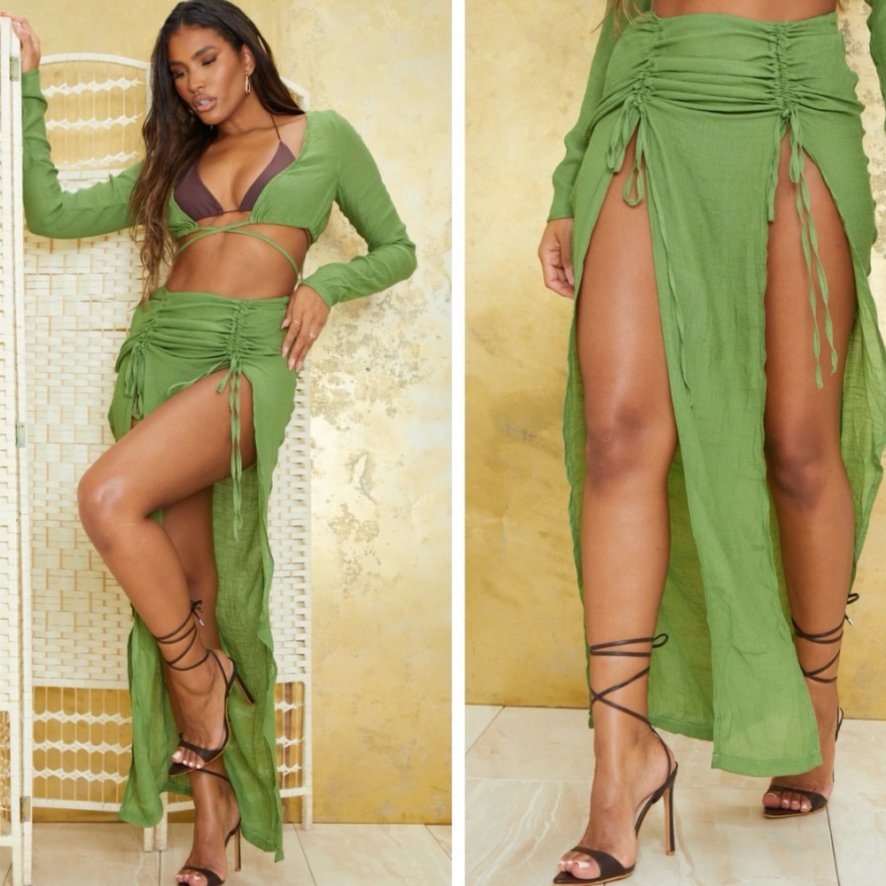 Olive Linen Look Ruched Front Maxi Beach Skirt and Matching Top